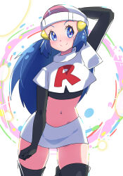 Rule 34 | 1girl, arm behind head, beanie, black footwear, black gloves, blue eyes, blue hair, blush, boots, closed mouth, commentary request, creatures (company), cropped jacket, dawn (pokemon), elbow gloves, eyelashes, game freak, gloves, hair ornament, hairclip, hat, jacket, logo, long hair, masamu (leonore69), nintendo, pokemon, pokemon (anime), pokemon dppt (anime), skirt, smile, solo, split mouth, team rocket, team rocket uniform, thigh boots, white background, white hat, white jacket, white skirt