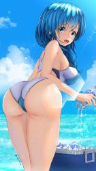 Rule 34 | 1girl, :d, aigami shion, ass, blue eyes, blue hair, blue one-piece swimsuit, blue sky, bottle, breasts, cloud, commentary request, competition swimsuit, cooler, day, garter-velvet, hair over shoulder, highres, holding, holding bottle, horizon, lens flare, long hair, looking at viewer, medium breasts, mole, mole on ass, ocean, one-piece swimsuit, open mouth, original, outdoors, pocari sweat, sideboob, sidelocks, sky, smile, solo, standing, swimsuit, teeth, thighs, two-tone swimsuit, upper teeth only, water bottle, white one-piece swimsuit