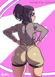 Rule 34 | 1girl, animated, animated gif, artist name, ass, ass shake, blush, bouncing ass, brown eyes, brown hair, brown shirt, brown shorts, d-art, from behind, gabi braun, hands on own hips, huge ass, jiggle, long sleeves, looking at viewer, looking back, ponytail, shingeki no kyojin, shirt, short ponytail, shorts, simple background, solodusk57, tagme, third-party edit, twerking, video