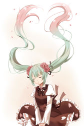 Rule 34 | 1girl, ahoge, back bow, bow, bowtie, breasts, brown dress, cherry blossom print, cherry blossoms, chiramisu06, chuko miku, closed eyes, commentary, dress, english commentary, engrish commentary, eyelashes, floating hair, floral print, flower, fortissimo, gradient hair, green hair, hair flower, hair ornament, hair ribbon, hatsune miku, highres, long hair, long sleeves, medium breasts, multicolored hair, musical note, musical note hair ornament, own hands together, parted lips, petals, pleated sleeves, print dress, puffy long sleeves, puffy sleeves, ribbon, sakura miku, sleeve garter, sleeves past wrists, solo, treble clef, v arms, very long hair, vocaloid, wavy hair, wing collar