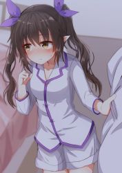 Rule 34 | 1girl, alternate costume, arm up, bad id, bad pixiv id, bed, black hair, blurry, blush, commentary request, contrapposto, cowboy shot, depth of field, hair ribbon, highres, himekaidou hatate, indoors, long hair, long sleeves, looking to the side, night, pajamas, pointy ears, ribbon, shorts, solo, standing, sweatdrop, tksand, touhou, twintails, yellow eyes