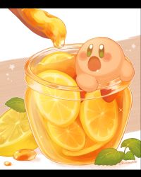 Rule 34 | blush stickers, commentary request, continuo0226, drooling, food, food focus, fruit, highres, honey, in food, in jar, jar, kirby, kirby (series), leaf, lemon, lemon slice, letterboxed, nintendo, no humans, open mouth, solo, spoon, star (symbol), twitter username