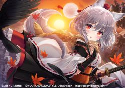 Rule 34 | 1girl, ahoge, animal ear fluff, animal ears, autumn leaves, bird, black gloves, copyright notice, crow, feathers, fingerless gloves, gloves, holding, holding sheath, holding sword, holding weapon, inubashiri momiji, japanese clothes, katana, kei kei, kimono, leaf, long sleeves, looking at viewer, maple leaf, open mouth, outdoors, pom pom (clothes), red hair, sheath, sheathed, shirt, short hair, solo, sunset, sword, tail, touhou, touhou danmaku kagura, weapon, white hair, white kimono, white shirt, white sleeves, wolf ears, wolf girl, wolf tail