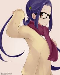 Rule 34 | 1girl, black-framed eyewear, brown background, brown sweater, closed mouth, commentary request, forehead, fringe trim, glasses, hand up, long hair, long sleeves, oogaki chiaki, purple hair, red eyes, red scarf, scarf, sidelocks, simple background, sleeves past wrists, smile, solo, sweater, tasora, twintails, twitter username, upper body, very long hair, yurucamp