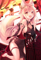Rule 34 | 1girl, :d, animal ear fluff, animal ears, armpit crease, bare shoulders, black dress, blonde hair, breasts, china dress, chinese clothes, cleavage, cleavage cutout, clothing cutout, covered navel, detached sleeves, double fox shadow puppet, dress, fang, fox ears, fox girl, fox shadow puppet, fox tail, gold trim, haruka natsuki, headdress, high heels, highres, lantern, large breasts, leg up, long hair, looking at viewer, open mouth, orange eyes, original, panties, paper lantern, pelvic curtain, red footwear, side-tie panties, sideboob, slit pupils, smile, solo, tail, tassel, thigh strap, thighs, underboob cutout, underwear, wide sleeves