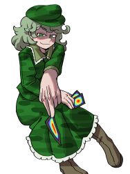 Rule 34 | 1girl, ability card (touhou), absurdres, brown footwear, closed mouth, commentary, eddybird55555, flat cap, full body, green eyes, green hair, green hat, green shirt, green skirt, hat, highres, looking at viewer, medium hair, shirt, simple background, skirt, solo, touhou, white background, yamashiro takane