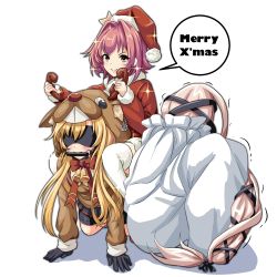 Rule 34 | 3girls, abukuma (kancolle), antlers, capelet, christmas, commentary request, dress, english text, fur trim, gift, gloves, hair ribbon, hair rings, hat, highres, horns, kantai collection, kinu (kancolle), long hair, merry christmas, multiple girls, pink hair, ponytail, red dress, red hair, ribbon, sack, santa costume, santa hat, short hair, smile, speech bubble, tk8d32, twintails, very long hair, yura (kancolle)