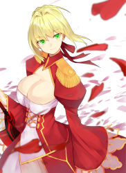 Rule 34 | 10s, 1girl, aestus estus, ahoge, blonde hair, blurry, blush, braid, breasts, cleavage, closed mouth, commentary request, depth of field, dress, epaulettes, fate/extra, fate (series), floating hair, french braid, from side, green eyes, hair between eyes, hair intakes, hair ribbon, hand up, highres, holding, holding sword, holding weapon, juliet sleeves, lace-trimmed sleeves, lace trim, large breasts, long sleeves, looking at viewer, nero claudius (fate), nero claudius (fate) (all), nero claudius (fate/extra), pen (pen3), petals, puffy sleeves, red dress, red ribbon, ribbon, short hair with long locks, sidelocks, simple background, smile, solo, standing, sword, tsurime, weapon, white background