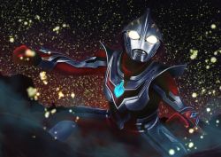Rule 34 | 1boy, absurdres, alien, clenched hands, fighting stance, glowing, glowing eyes, highres, huge filesize, looking up, male focus, solo, tachibana satsuki (artist), tokusatsu, ultra series, ultraman nexus, ultraman nexus (series), yellow eyes