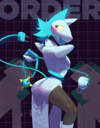 Rule 34 | 1girl, artist name, black pantyhose, blue hair, blush, blush stickers, cable, cable tail, colored skin, deltarune, disembodied hand, electric plug, eyelashes, flail, grid background, highres, looking at viewer, mechanical tail, open mouth, pantyhose, raneblu, rayman limbs, smile, standing, tail, tasque (deltarune), tasque manager (deltarune), weapon, whip, white skin, yellow eyes
