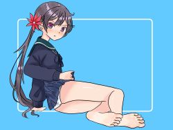 Rule 34 | 1girl, absurdres, akebono (kancolle), barefoot, blush, clothes lift, feet, flower, hair flower, hair ornament, highres, kantai collection, long hair, looking at viewer, panties, pantyshot, parted lips, purple eyes, purple hair, skirt, skirt lift, soles, toes, underwear