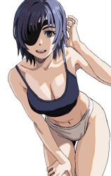 Rule 34 | 1girl, black bra, black hair, bra, breasts, chainsaw man, cleavage, collarbone, commentary, english commentary, eyepatch, hand on own thigh, highres, himeno (chainsaw man), large breasts, leaning forward, looking at viewer, mismatched underwear, navel, one eye covered, panties, shiren (ourboy83), simple background, smile, solo, thigh gap, underwear, underwear only, white background, white panties
