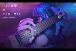 Rule 34 | 1girl, asahi rokka, bang dream!, blue hair, character name, commentary, electric guitar, english commentary, from behind, green eyes, group name, guitar, highres, instrument, letterboxed, lock (bang dream!), long hair, music, off shoulder, playing instrument, plectrum, regition, signature, solo, upper body