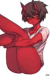 Rule 34 | 1girl, blush, bright pupils, brown hair, colored skin, commentary, embarrassed, feet out of frame, horns, hugging own legs, kidouko (zakusi), kneepits, looking at viewer, oni, oni horns, original, panties, parted lips, red oni, red skin, shirt, short hair, short sleeves, signature, simple background, slit pupils, solo, symbol-only commentary, underwear, white background, white panties, white pupils, white shirt, yellow eyes, zakusi
