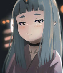 Rule 34 | 1girl, black choker, blurry, blurry background, blush, brown eyes, brown kimono, choker, closed mouth, collarbone, commentary request, depth of field, grey hair, highres, horns, japanese clothes, kimono, kuro kosyou, long hair, looking at viewer, original, pointy ears, short eyebrows, single horn, solo, thick eyebrows, upper body