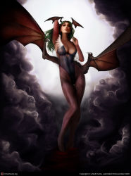 Rule 34 | 00s, 1girl, 2009, animal print, arm up, bat print, bat wings, breasts, capcom, cleavage, cloud, dated, demon girl, detached sleeves, green hair, head wings, large breasts, md5 mismatch, morrigan aensland, pantyhose, patterned legwear, print pantyhose, realistic, resized, resolution mismatch, skull, solo, source request, source smaller, upscaled, vampire (game), watermark, wings, zsolt derka