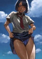 Rule 34 | 1girl, absurdres, bad id, bad pixiv id, black hair, blue eyes, breast pocket, clothes lift, cloud, competition swimsuit, cowboy shot, day, gradient background, grin, highres, looking at viewer, necktie, one-piece swimsuit, original, pleated skirt, pocket, red necktie, revision, school uniform, short hair, short sleeves, skirt, skirt lift, sky, smile, solo, swimsuit, swimsuit under clothes, teeth, yomu (sgt epper)