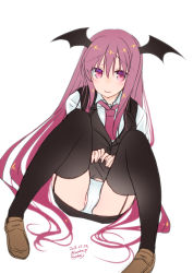 Rule 34 | 1girl, bad id, bad pixiv id, black skirt, black thighhighs, brown footwear, buttons, clothes lift, collared shirt, dated, full body, garter straps, hair between eyes, head wings, koakuma, lifted by self, loafers, long hair, looking at viewer, necktie, panties, pink eyes, pink hair, pink necktie, shigemiya kyouhei, shirt, shoes, sidelocks, signature, simple background, sitting, skirt, skirt lift, solo, thighhighs, touhou, twitter username, underwear, very long hair, white background, white panties, white shirt, wings