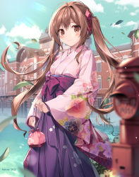 Rule 34 | 1girl, artist name, bag, blue sky, blurry, blurry foreground, blush, breasts, brown eyes, brown hair, building, cloud, commentary request, dated, fire hydrant, hair ribbon, hakama, hakama skirt, highres, holding, holding bag, japanese clothes, karory, kimono, lake, leaf, light smile, long hair, long sleeves, looking at viewer, medium breasts, original, outdoors, pink kimono, pink ribbon, purple hakama, reflection, ribbon, sidelocks, skirt, sky, solo, twintails, wide sleeves