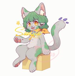 Rule 34 | 1other, :d, absurdres, animal ears, artist name, cat ears, cat tail, cube, fang, full body, furry, green hair, grey fur, hand up, highres, hua hua de meme, neckerchief, open mouth, original, sample watermark, sitting, smile, solo, tail, watermark, white background, yellow eyes, yellow neckerchief