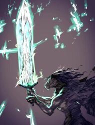 Rule 34 | bloodborne, cape, from side, glowing, glowing sword, glowing weapon, greatsword, highres, holding, holding sword, holding weapon, horse boy, long hair, ludwig the accursed, monster, monster boy, moonlight greatsword, open mouth, solo, sword, teeth, weapon, yourfreakyneighbourh