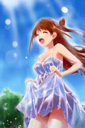 Rule 34 | 10s, 1girl, :d, bare shoulders, blush, breasts, brown hair, cleavage, clothes lift, dress, dress lift, closed eyes, half updo, idolmaster, idolmaster cinderella girls, long hair, open mouth, partially submerged, shimamura uzuki, smile, solo, t-hiko, water, wet, wet clothes