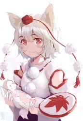 Rule 34 | 1girl, animal ears, autumn leaves, baby, bare shoulders, black skirt, breasts, detached sleeves, fangs, fangs out, hat, highres, inubashiri momiji, medium breasts, pom pom (clothes), red eyes, ribbon-trimmed sleeves, ribbon trim, shield, shirt, short hair, silver hair, simple background, skirt, sleeveless, sleeveless shirt, tokin hat, touhou, turtleneck, white background, white shirt, wolf ears, yuma (user zuft7485)