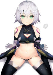 Rule 34 | 1girl, ?, bandaged arm, bandages, bare shoulders, black panties, blush, breasts, chestnut mouth, facial scar, fate/apocrypha, fate/grand order, fate (series), gloves, green eyes, hair between eyes, highres, jack the ripper (fate/apocrypha), looking at viewer, lowleg, lowleg panties, navel, open mouth, panties, scar, scar across eye, scar on cheek, scar on face, shoulder tattoo, silver hair, simple background, single glove, small breasts, solo, spoken question mark, tattoo, tetsubuta, thighhighs, underwear, white background