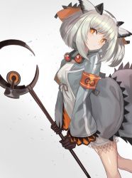 Rule 34 | 1girl, absurdres, arknights, armband, dress, feet out of frame, goggles, goggles around neck, grey hair, grey jacket, head tilt, highres, holding, holding staff, jacket, looking at viewer, ojisan kamo shiremasen, open clothes, open jacket, orange eyes, owl ears, ptilopsis (arknights), rhine lab logo, short hair, simple background, solo, staff, white background, white dress