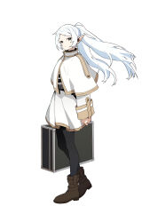 Rule 34 | 1girl, absurdres, boots, briefcase, capelet, closed mouth, earrings, elf, frieren, green eyes, highres, holding, holding briefcase, jewelry, lekoifish, long hair, long sleeves, pantyhose, parted bangs, pointy ears, shirt, skirt, solo, sousou no frieren, staff, striped clothes, striped shirt, twintails, white capelet, white hair