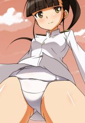 Rule 34 | 1girl, black hair, blush, breasts, brown eyes, cloud, long hair, long sleeves, medium breasts, military, military uniform, one-piece swimsuit, ponytail, sakamoto mio, school swimsuit, sky, smile, solo, strike witches, swimsuit, swimsuit under clothes, uniform, white one-piece swimsuit, white school swimsuit, world witches series, yumekaranigeruna