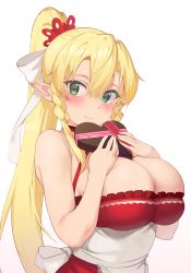Rule 34 | 1girl, absurdres, blonde hair, braid, breasts, chou shippai-saku, cleavage, closed mouth, gift, gradient background, green eyes, hair ribbon, highres, holding, holding gift, large breasts, leafa, long hair, looking at viewer, pink background, pointy ears, ponytail, ribbon, sleeveless, smile, solo, sword art online, twin braids, upper body, valentine, white background, white ribbon