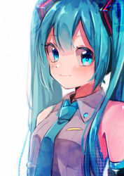Rule 34 | 1girl, black sleeves, blue eyes, blue hair, blue necktie, breasts, closed mouth, collared shirt, detached sleeves, grey shirt, hair between eyes, hatsune miku, long hair, necktie, nuko 0108, shirt, sleeveless, sleeveless shirt, small breasts, smile, solo, upper body, very long hair, vocaloid, white background, wing collar