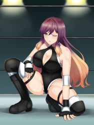 Rule 34 | 1girl, black footwear, black leotard, boots, breasts, brown hair, cleavage cutout, clothing cutout, competition swimsuit, exhausted, gradient hair, highres, hijiri byakuren, knee boots, knee pads, large breasts, leotard, lights, long hair, mattyakinako (odango imomushi), multicolored hair, one-piece swimsuit, one eye closed, on one knee, open mouth, purple eyes, purple hair, solo, sweatdrop, swimsuit, thigh boots, touhou, touhou tag dream, two-tone hair, wavy hair, wrestling outfit, wrestling ring