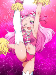 Rule 34 | 10s, 1girl, ;d, arm up, armpits, blush, breasts, cameltoe, cheerleader, cone hair bun, cure yell, double bun, earrings, floral background, flower, forehead, four-leaf clover earrings, gem, gluteal fold, gradient background, hair bun, hair flower, hair ornament, heart, heart hair ornament, highres, holding, hugtto! precure, jewelry, konboi-eg, leg up, looking at viewer, navel, one eye closed, open mouth, panties, pink background, pink eyes, pink footwear, pink hair, pink panties, pom pom (cheerleading), precure, shiny skin, sleeveless, small breasts, smile, solo, split, standing, standing on one leg, standing split, thighhighs, underwear, white flower, white thighhighs