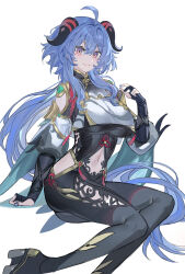 Rule 34 | 1girl, absurdres, ahoge, black gloves, blue hair, blue nails, breasts, clothing cutout, commentary, cosplay, echj, ganyu (genshin impact), genshin impact, gloves, hair between eyes, high heels, highres, hip vent, horns, large breasts, long hair, long sleeves, looking at viewer, nail polish, navel, navel cutout, purple eyes, shenhe (genshin impact), shenhe (genshin impact) (cosplay), shirt, shoulder cutout, simple background, smile, solo, thighs, very long hair, white background, white shirt