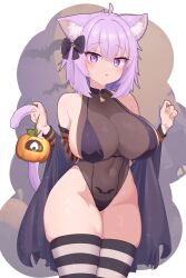 1girl absurdres animal_ear_fluff animal_ears bat_(animal) bat_tattoo bikini black_bikini black_leotard black_thighhighs breasts castle cat_ears cat_girl cat_tail cowboy_shot full_moon gabai halloween highres hololive horizontal-striped_thighhighs huge_breasts leotard moon nekomata_okayu pubic_tattoo pumpkin purple_eyes purple_hair purple_tail see-through_clothes see-through_leotard solo swimsuit tail tattoo thighhighs two-tone_thighhighs variant_set virtual_youtuber white_thighhighs zombie_(vocaloid)