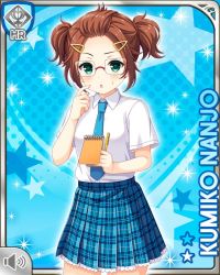 Rule 34 | 1girl, :o, blue background, blue necktie, brown hair, card, character name, girlfriend (kari), glasses, green eyes, hair ornament, hairclip, holding, looking at viewer, nanjo kumiko, necktie, notepad, official art, open mouth, pen, plaid, plaid skirt, qp:flapper, school uniform, skirt, smile, solo, tagme, twintails