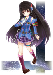 Rule 34 | 1girl, aldehyde, armband, bad id, bad pixiv id, belt, black hair, cuffs, detached sleeves, female focus, full body, gloves, gradient background, handcuffs, headset, highres, long hair, necktie, original, plaid, plaid skirt, red eyes, single glove, skirt, smile, solo, very long hair, whistle, white background