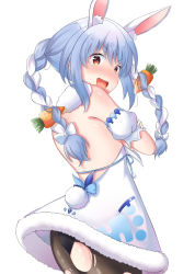 Rule 34 | 1girl, animal ear fluff, animal ears, bare back, blue hair, braid, carrot, carrot hair ornament, carrot print, crossed arms, extra ears, eyebrows, food-themed hair ornament, food print, from behind, hair ornament, highres, hikarin0502, hololive, long hair, looking at viewer, multicolored hair, open mouth, pantyhose, rabbit ears, rabbit girl, rabbit tail, solo, tail, tears, tongue, torn clothes, torn pantyhose, twin braids, two-tone hair, usada pekora, usada pekora (1st costume), virtual youtuber, white background, white hair