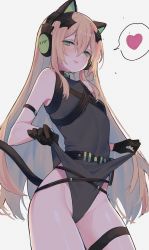 Rule 34 | 1girl, :d, animal ear headphones, animal ears, bare shoulders, black gloves, black leotard, blonde hair, blush, breasts, cat ear headphones, character name, commentary, fake animal ears, female focus, frontal wedgie, girls&#039; frontline, gloves, green eyes, grey background, groin, hair between eyes, headphones, heart, highres, leotard, leotard lift, lifted by self, long hair, mimelond, open mouth, simple background, small breasts, smile, solo, spoken heart, sweat, symbol-only commentary, tmp (girls&#039; frontline), very long hair, wedgie