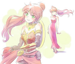 Rule 34 | 1girl, armor, bare shoulders, belt, belt pouch, breastplate, breasts, choker, circlet, dress, dual persona, elbow gloves, forehead protector, gloves, gorget, green eyes, high heels, highres, iesupa, long hair, multiple views, ponytail, pouch, pyrrha nikos, red hair, red heels, rwby, shield