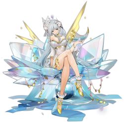 Rule 34 | 1girl, ark order, black eyes, blue hair, bracelet, breasts, crossed legs, dress, flower, gold footwear, hair flower, hair ornament, high heels, highres, holding, horn (instrument), horns, ice, jewelry, large breasts, long hair, looking at viewer, mimir (ark order), mole, mole under eye, necklace, official art, plant, pouring, pouring onto self, shenq, sitting, smile, solo, sparkle, transparent background, very long hair, vines, wet, white dress, white sleeves