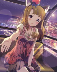 Rule 34 | 10s, 1girl, animal ears, artist request, blush, brown eyes, cat ears, cityscape, crown, ferris wheel, ferris wheel interior, frills, idolmaster, idolmaster million live!, jewelry, jpeg artifacts, lens flare, light particles, long hair, miyao miya, moon, necklace, official art, reaching, reaching towards viewer, sparkle