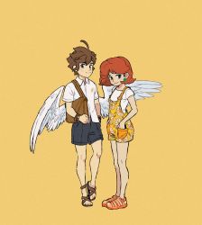 Rule 34 | 1boy, 1girl, ahoge, alternate costume, angel wings, bag, bare legs, blue eyes, bracelet, brown footwear, brown hair, collared shirt, contemporary, earrings, feathered wings, floral print, full body, hands in pockets, highres, jewelry, kid icarus, legs together, looking at viewer, mario (series), nintendo, orange background, orange footwear, oskar vega, overall shorts, overalls, pit (kid icarus), princess daisy, sandals, shirt, short hair, short sleeves, shorts, shoulder bag, simple background, smile, standing, super mario land, super smash bros., t-shirt, white shirt, white wings, wings, wristband, yellow background
