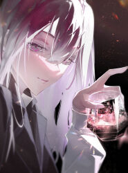 Rule 34 | 1girl, absurdres, black jacket, chinese commentary, co2 (17060070), collared shirt, commentary, cup, from side, gradient hair, hair between eyes, half-closed eyes, hand up, highres, holding, holding cup, index finger raised, jacket, light particles, light rays, liquid, long hair, looking at viewer, looking to the side, multicolored hair, path to nowhere, portrait, purple eyes, purple hair, shalom (path to nowhere), shirt, solo, white hair, white shirt