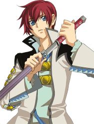 Rule 34 | 1boy, aipheion, asbel lhant, bad id, bad pixiv id, blue eyes, fighting stance, male focus, ready to draw, red hair, sheath, short hair, simple background, solo, sword, tales of (series), tales of graces, unsheathing, weapon, white background