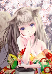 Rule 34 | 1girl, animal ears, bad id, bad pixiv id, bare shoulders, blue eyes, breasts, brown hair, cat ears, cherry blossoms, cleavage, flower, hand on own cheek, hand on own face, japanese clothes, kimono, kouzuki yui, long hair, looking at viewer, original, solo, tail