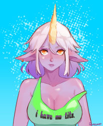 Rule 34 | 1girl, absurdres, artist name, bare shoulders, blue background, blush, breasts, clothes writing, collarbone, colored skin, earrings, gradient background, highres, horns, jewelry, large breasts, league of legends, long hair, looking at viewer, multicolored hair, orange eyes, parted lips, pointy ears, quroart, shiny skin, single horn, solo, soraka (league of legends), teeth, two-tone hair, upper body
