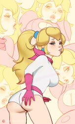 Rule 34 | 1girl, artist name, ass, blonde hair, blue eyes, blush, breasts, cleavage, cleavage cutout, clothing cutout, come hither, dress, hand on own ass, large breasts, legs, leotard, long hair, mario (series), mario kart, mario kart wii, multiple views, nintendo, one eye closed, open mouth, parted lips, pink lips, ponytail, princess, princess peach, seductive smile, sideboob, smile, solo, super mario bros. 1, thighs
